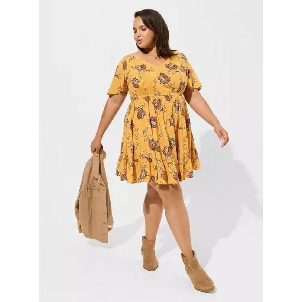 Torrid Mini Wash Challis Flutter Sleeve Lace Back Dress Mustard Plus Size 4